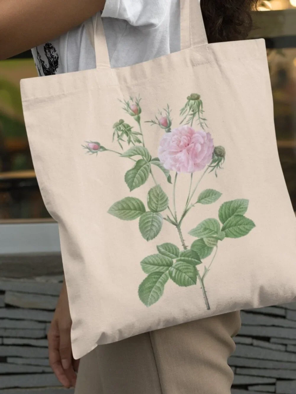 French Rose Vintage Floral Print Graphic Canvas Tote Bag
